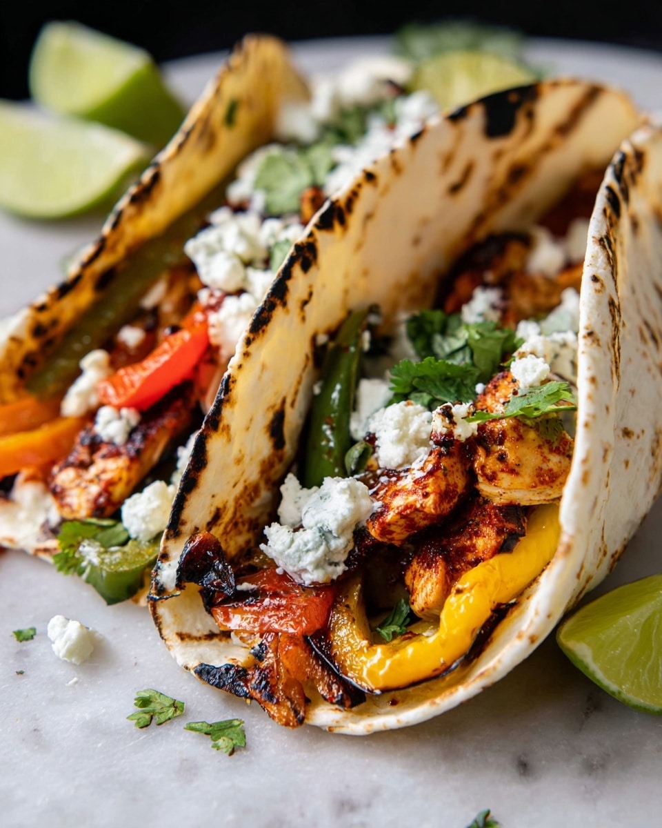 The image shows two soft corn tortillas lightly charred, folded upright side by side on a white marbled surface. Inside the tortillas, there are layers of cooked chicken pieces with a reddish spice coating, grilled yellow and red bell peppers, and sautéed onions with some dark char marks. Fresh green cilantro leaves are sprinkled on top along with dollops of a white creamy sauce and white crumbly cheese. In the background, two lime wedges sit behind the tacos. The overall colors are warm with reds, yellows, and greens against the white tortillas and the white marbled surface, creating a fresh and appetizing scene. Photo taken with an iphone --ar 4:5 --v 7