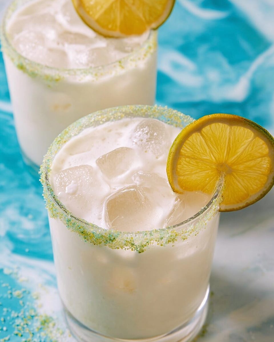 The image shows two clear glasses filled with a creamy white drink and ice cubes floating on top. Each glass has a rim coated with a green and white textured salt or herb mixture. One glass in the front has a bright yellow lemon slice with a green edge resting on the rim. The background and surface beneath the glasses have a white marbled texture. The photo taken with an iphone --ar 4:5 --v 7