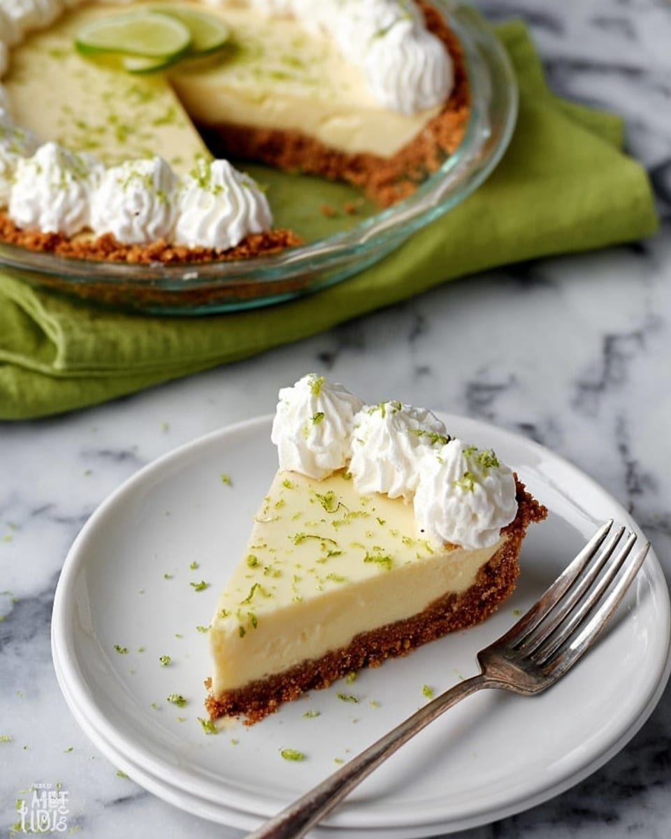 A slice of pie sits on a white plate on a white marbled surface with a green cloth underneath. The pie has three layers: a thick brown crumb crust at the bottom, a smooth pale yellow filling in the middle, and a row of white whipped cream dollops along one edge on top. The slice is sprinkled lightly with green lime zest. Next to the plate is a silver fork, and behind the slice is a glass pie dish showing the rest of the pie with similar whipped cream dollops on top. Photo taken with an iphone --ar 4:5 --v 7