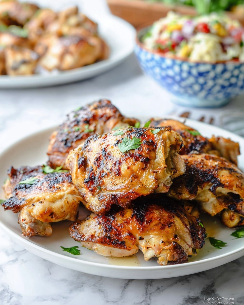 A white plate holds a pile of six grilled chicken thighs with golden-brown, crispy skin showing char marks and a slightly shiny texture from the cooking oil. The chicken pieces are layered unevenly, some stacked on top of each other, with small green parsley leaves scattered over the top for garnish. In the blurred background, there is another white plate with food and a blue patterned bowl with a mixed salad. Everything sits on a white marbled surface. photo taken with an iphone --ar 4:5 --v 7