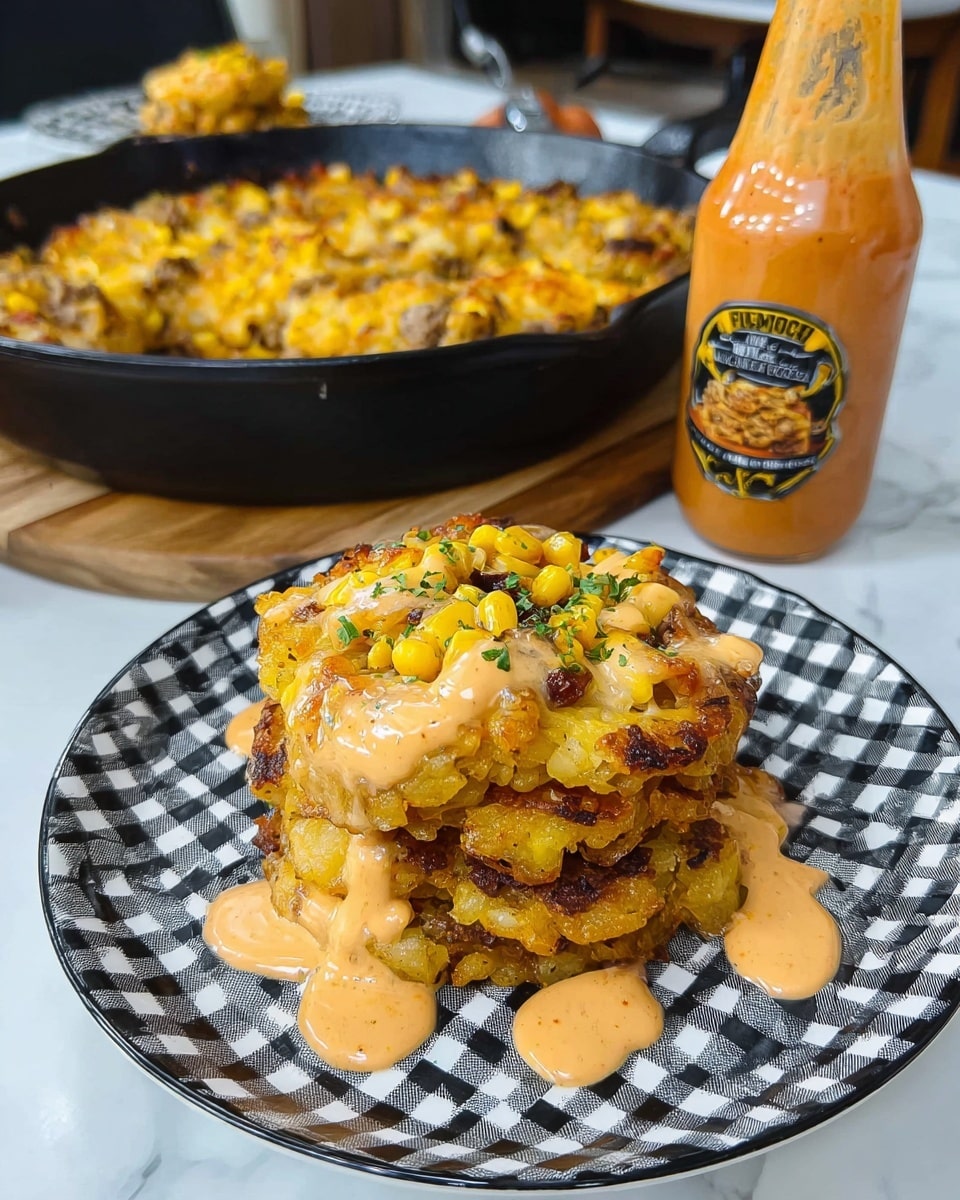 A stack of golden brown crispy potato rounds mixed with corn and bits of meat sits on a white plate with a black gingham pattern. The potato stack is layered with creamy melted cheese and topped with a creamy orange sauce drizzled unevenly. Behind it, a black skillet filled with the same round potato mix is visible, showing a crispy, golden surface sprinkled with some corn. To the right of the plate, there is a bottle of orange Southwest Ranch sauce standing on a wooden table. The whole scene rests on a white marbled surface. photo taken with an iphone --ar 4:5 --v 7