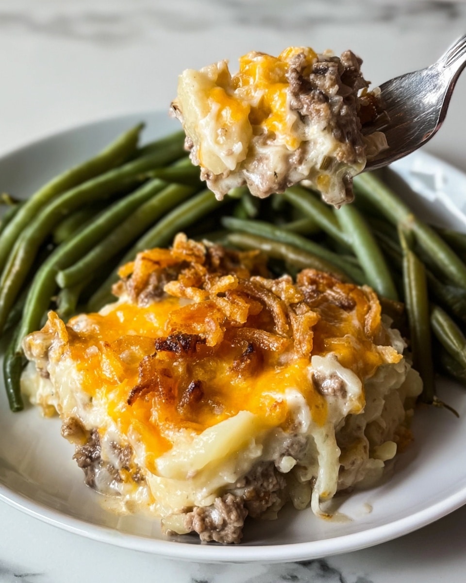 A white plate holds a serving of creamy casserole with visible layers including melted yellow and white cheese, small browned meat pieces, and crispy golden-brown onion bits mixed in. Next to the casserole, there is a pile of cooked green beans, shiny and slightly wilted with small bits of what looks like garlic. A silver fork lifts a portion of the casserole, showing the soft texture and the mixture of colors up close. The plate rests on a white marbled surface photo taken with an iphone --ar 4:5 --v 7