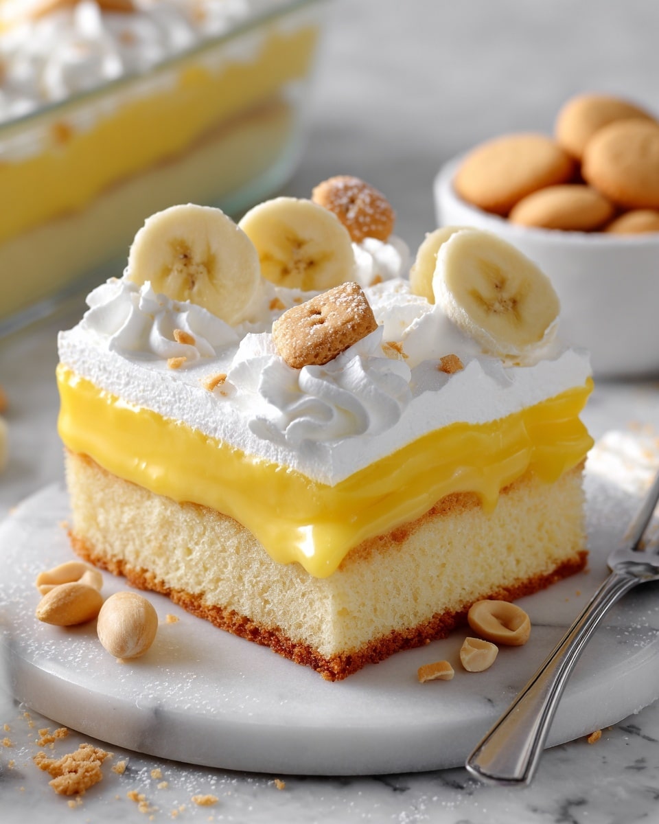 A close-up of a square slice of yellow cake with three visible layers: the bottom layer is a soft, light yellow sponge cake, the middle layer is a thick, glossy, creamy yellow pudding, and the top layer is a fluffy white whipped cream. On top of the whipped cream, there are round banana slices and broken small pieces of light brown cookies scattered around. The cake sits on a white marbled surface with a blurred background showing a clear rectangular dish of more cake and a white bowl holding cookies. A silver fork is placed near the cake. Photo taken with an iphone --ar 4:5 --v 7
