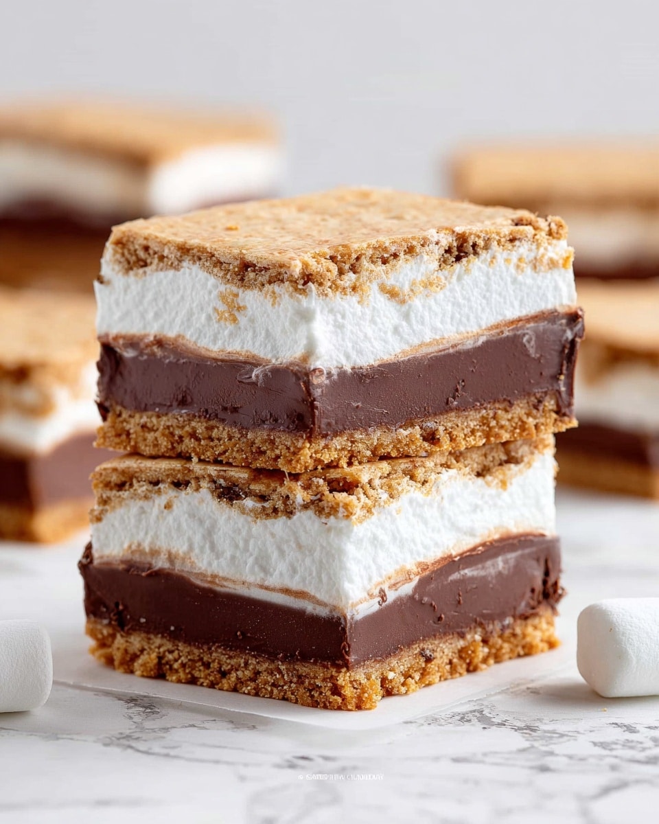 The image shows two square s'mores stacked on a white marbled surface. Each s'more has three layers: the bottom and top layers are light brown, textured, rectangular graham crackers with small holes; the middle two layers include a thick, smooth dark brown chocolate layer and a fluffy, white marshmallow layer above it. The top s'more has a bite taken out of one corner, revealing the soft marshmallow and chocolate inside. The background is softly blurred with more s'mores pieces visible, and a woman's hand is holding one in the upper left corner. Photo taken with an iphone --ar 4:5 --v 7