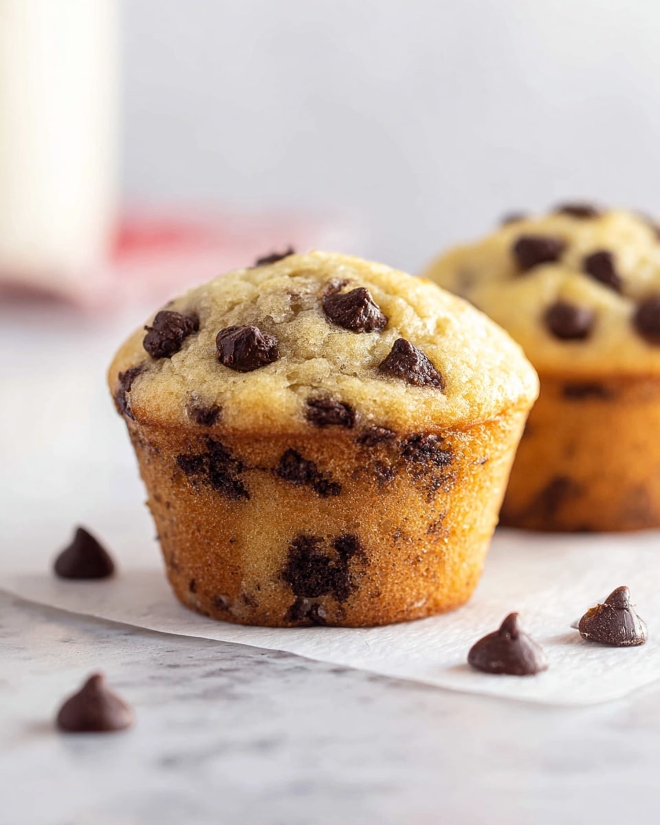 The image shows two chocolate chip muffins placed closely on a white, slightly textured surface. Each muffin has a golden-brown base with dark chocolate chips embedded throughout the lower part, and the upper part is lighter with a soft, moist texture topped with scattered chocolate chips. Around the muffins, a few loose chocolate chips lie on the white marbled background, adding depth to the scene. The background is softly blurred, keeping the focus on the muffins in the front. Photo taken with an iphone --ar 4:5 --v 7