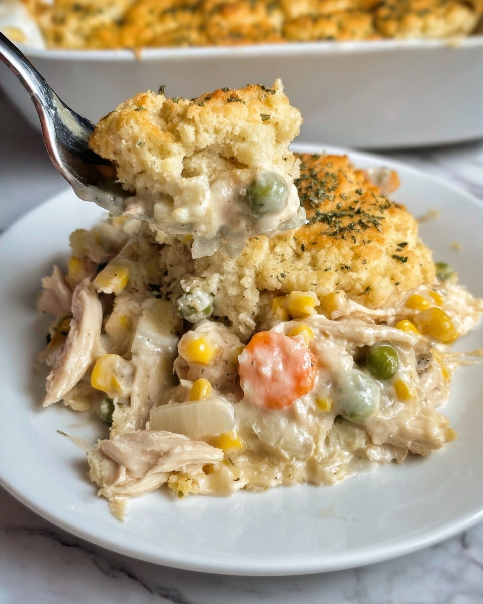 The image shows a white plate with a creamy casserole dish. The dish has a bottom layer of soft, crumbly biscuit topping in light golden color. The middle layer is thick and creamy with a pale beige sauce mixed with chunks of white chicken, bright yellow corn, orange carrot pieces, and green peas. A silver fork holds a scoop of the casserole, showing the gooey texture and the mix of vegetables and chicken. The plate sits on a white marbled surface. photo taken with an iphone --ar 4:5 --v 7