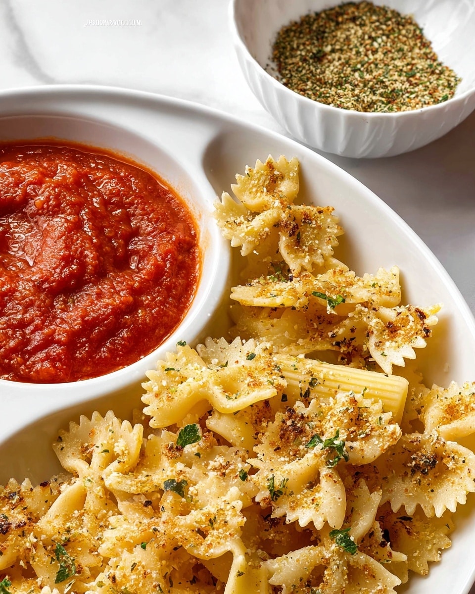 The image shows a white divided plate with two sections. The larger section contains a mix of farfalle and rigatoni pasta, baked to a light golden brown with some edges crispy and slightly darker. The pasta is sprinkled with small green herbs. The smaller section holds a thick red marinara sauce with a smooth texture and a few chunkier tomato pieces visible. In the background, a white bowl with green, beige, and red mixed dry seasoning is partly visible, placed on a white marbled surface. Photo taken with an iphone --ar 4:5 --v 7