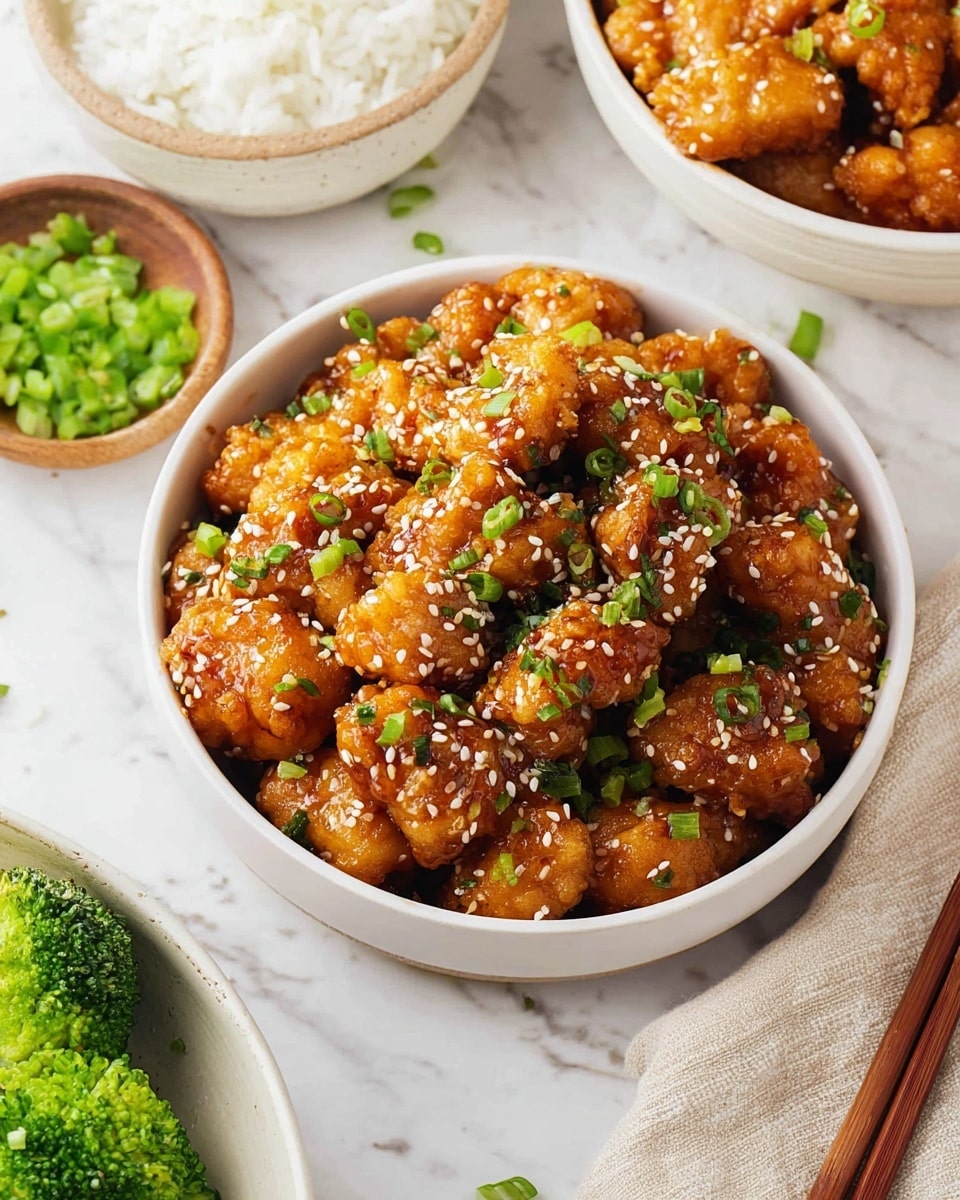 A white bowl filled with several pieces of golden brown fried chicken coated in a sticky, glossy sauce, sprinkled with white sesame seeds and small chopped green onions on top. The chicken pieces have a slightly rough, crispy texture under the sauce. The bowl sits on a white marbled surface with a pair of wooden chopsticks placed diagonally beside it. photo taken with an iphone --ar 4:5 --v 7