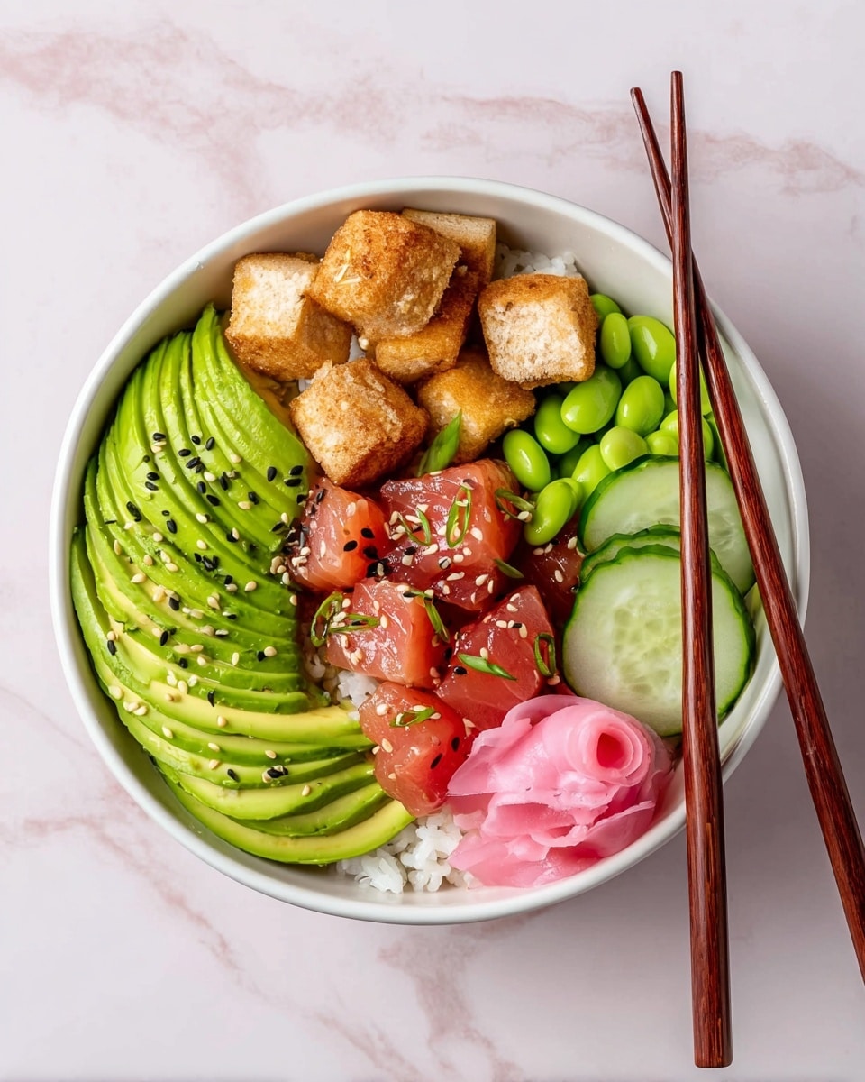 A white bowl filled with layers of fresh ingredients on a white marbled surface. The bottom layer is white rice, topped with bright green sliced avocado fanned out along one side, golden-brown tofu cubes next to it, and shiny red marinated fish cubes sprinkled with black and white sesame seeds in the middle. Alongside the fish are bright green edamame beans, thinly sliced cucumber and radish arranged in neat overlapping rows on the right, and a small pile of light pink pickled ginger near the center. Two brown wooden chopsticks rest on the edge of the bowl. Photo taken with an iphone --ar 4:5 --v 7