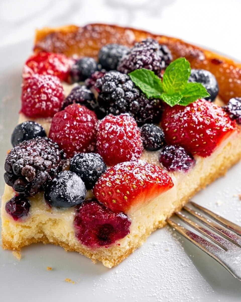 A close-up of a single slice of golden brown tart with a soft, creamy layer topped with fresh mixed berries including red raspberries, blackberries, blueberries, and halved strawberries. The tart has a slightly crumbly edge and is dusted with powdered sugar. A small sprig of green mint decorates the tart near the berries. The tart slice sits on a white plate placed on a white marbled surface with a fork beside it. Photo taken with an iphone --ar 4:5 --v 7