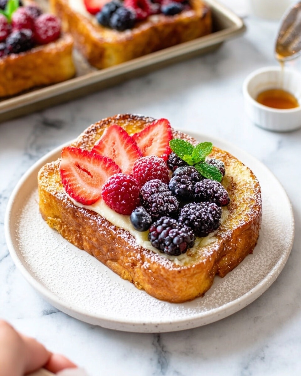 A single slice of golden-brown French toast sits on a white plate, layered with a creamy spread. On top, a row of fresh strawberry slices is arranged on the left edge, followed by three whole raspberries and a cluster of blackberries and blueberries on the right, all dusted lightly with powdered sugar. A small green mint leaf adds a pop of color near the center. In the background, part of a baking tray with another fruit-topped French toast piece can be seen on a white marbled surface, alongside a small white bowl with syrup and a woman's hand holding a drizzle spoon. photo taken with an iphone --ar 4:5 --v 7