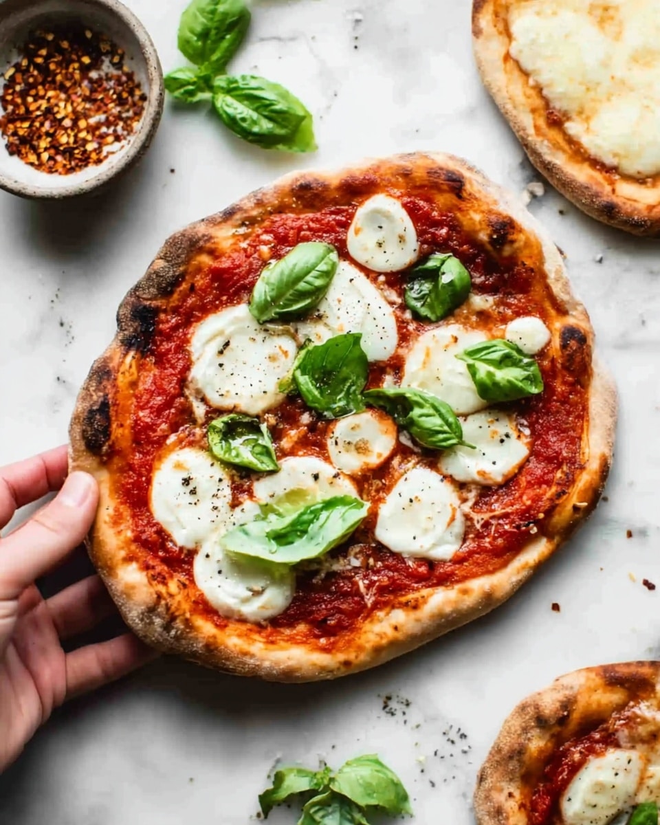 The image shows a small pizza cut into four slices on white marbled paper with slightly burnt and golden-brown thick crust edges. The pizza has a bright red tomato sauce base evenly spread under a layer of melted white cheese with a bit of stringy texture. On top, there are sliced light brown mushrooms and small pieces of green bell peppers scattered evenly across the slices. Near the pizza, there is a wooden bowl filled with crushed red pepper flakes and a woman's hand holding a metal pizza cutter with melted cheese stuck to it, resting on the white marbled surface. photo taken with an iphone --ar 4:5 --v 7
