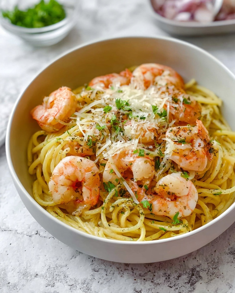 A white bowl filled with a plate of spaghetti pasta swirled in the center, mixed with several cooked shrimp that have a light brown grilled texture. Bright green spinach leaves are scattered evenly among the noodles. The pasta is lightly coated with grated cheese and small red chili flakes adding specks of color. A metal fork is placed on the right side inside the bowl, and the whole setting is on a white marbled surface. photo taken with an iphone --ar 4:5 --v 7