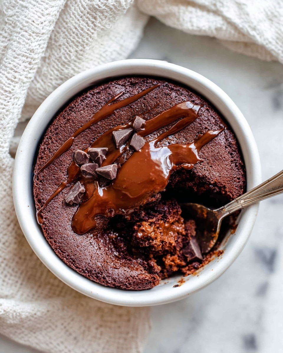 A round white bowl filled with a soft chocolate cake that has a rich brown top layer, drizzled with dark glossy chocolate sauce forming uneven streaks across the surface; one scoop is removed revealing a light brown moist inner layer with some melted chocolate chunks inside, and a silver spoon is partially buried in the cake on the right side; the bowl is placed on a white marbled surface with a white textured cloth beneath it. photo taken with an iphone --ar 4:5 --v 7