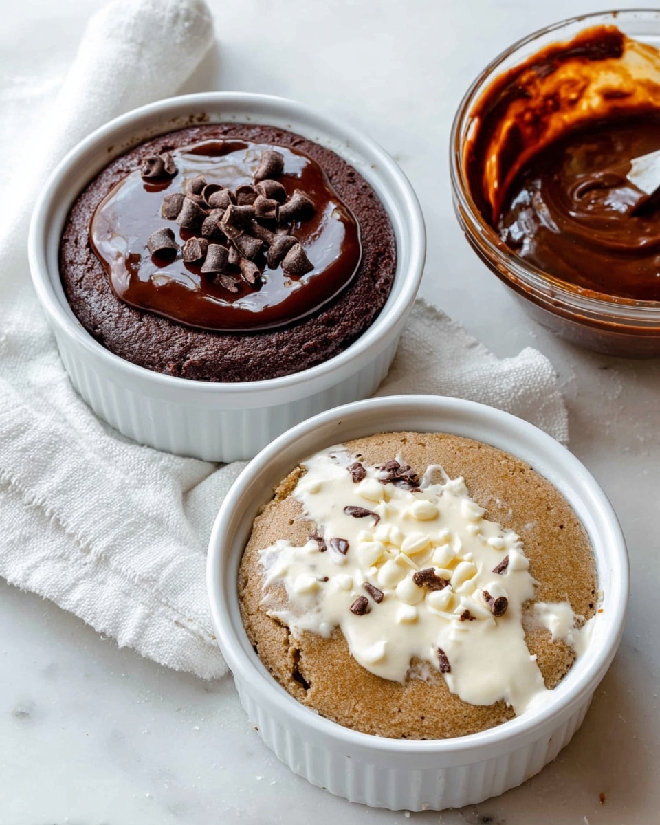 Two small round cakes are shown in white ramekins on a white marbled surface with a white cloth nearby. The top ramekin holds a dark chocolate cake, smooth on top with rich, shiny chocolate syrup drizzled over and small chocolate shavings scattered around the center. The bottom ramekin contains a light brown cake with a rough texture, topped with a creamy white sauce and some white chips embedded in it. To the right, a clear bowl contains leftover chocolate sauce, smeared inside. photo taken with an iphone --ar 4:5 --v 7