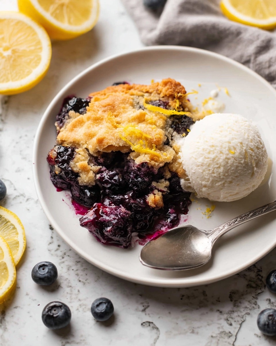 A white plate with a blueberry cobbler serving on the left side, showing two layers: a golden-brown crispy top crust with some lemon zest, and a deep purple, juicy blueberry filling beneath it. On the right side of the plate, there is a round scoop of creamy white vanilla ice cream beginning to melt slightly, with a silver spoon beside it. The background features a white marbled surface with scattered blueberries and lemon slices around the plate. photo taken with an iphone --ar 4:5 --v 7