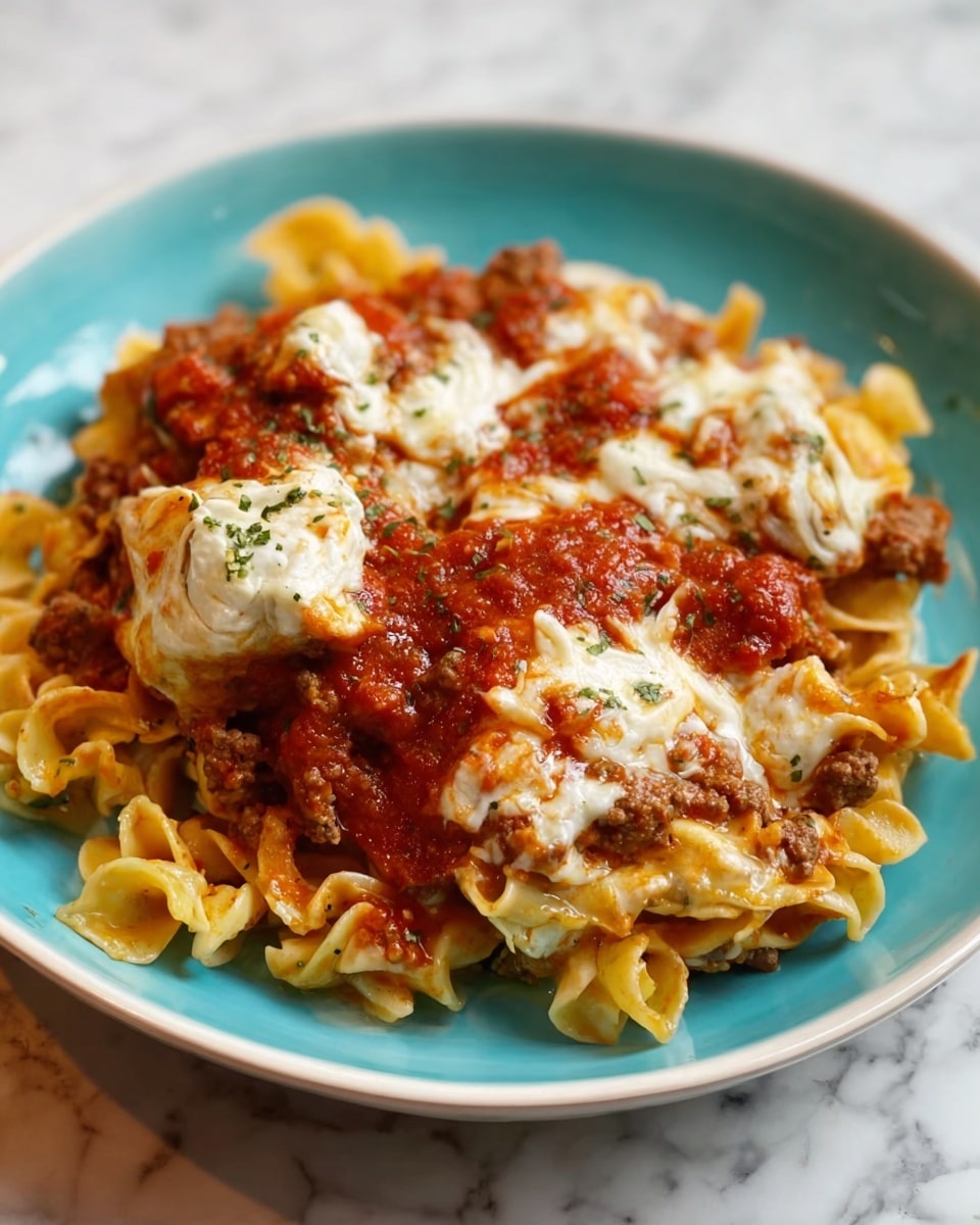 The dish shows three main layers on a white plate with a slight turquoise tint. The bottom layer is curly pasta in pale yellow with some pieces mixed with browned ground meat. Above this, there is a chunky red tomato sauce covering the pasta unevenly. The top layer has melted white cheese with light brown toasted spots and some dollops of softer white cheese spread unevenly. Some small green herb pieces are sprinkled over everything. The plate is placed on a white marbled surface. Photo taken with an iphone --ar 4:5 --v 7