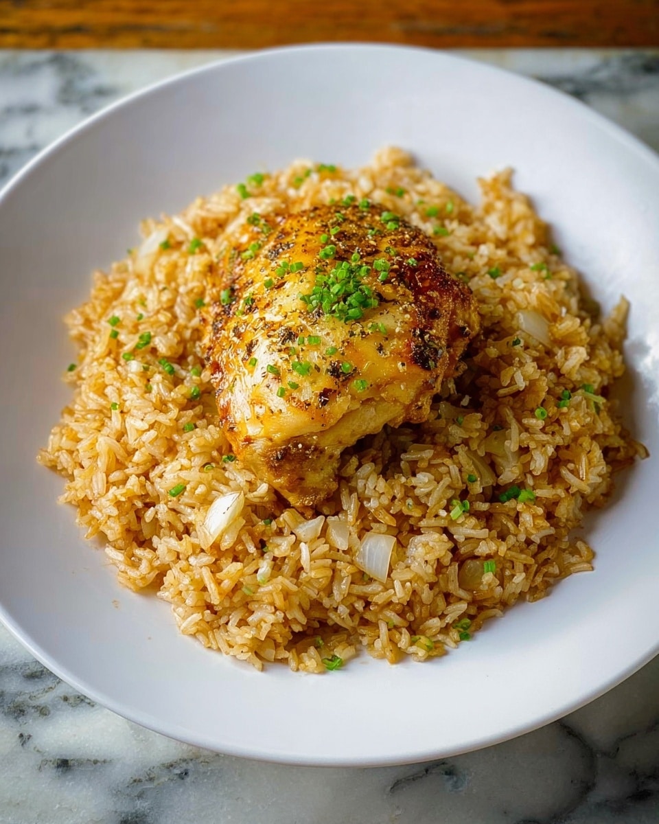 A white plate holds a single golden-brown cooked piece of chicken on top of a large bed of fried rice. The rice is light brown with some darker brown bits and is sprinkled with small green chopped herbs. The rice looks fluffy and mixed with tiny pieces of onion or garlic. The chicken has a slightly crispy skin with visible herbs and seasoning, sitting right in the center of the rice mound. The plate rests on a white marbled surface. photo taken with an iphone --ar 4:5 --v 7