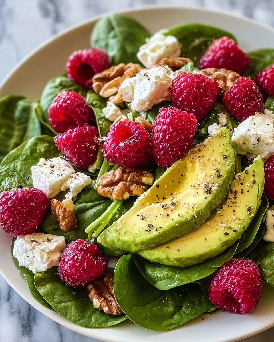 The image shows a fresh salad with a base layer of deep green spinach leaves spread evenly on a white plate. On top, there are bright red raspberries scattered around, their round and bumpy texture clear. Creamy white pieces of soft cheese are sprinkled all over, adding a crumbly texture. Light brown halves of walnuts are placed between the raspberries and cheese, giving a rough, woody look. Thin slice of ripe avocado with smooth pale green flesh and darker edges sit on the salad, topped with a light dusting of black pepper. The salad rests on a white marbled surface. Photo taken with an iphone --ar 4:5 --v 7