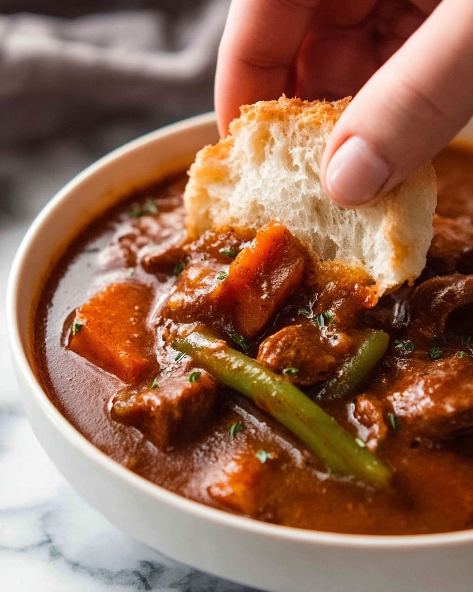 A close-up image of a white bowl filled with thick brown stew, showing visible chunks of vegetables including orange carrots and green beans, with small pieces of meat mixed in. A woman's hand is dipping a piece of soft, white bread into the rich stew, the bread partly covered with the sauce. The stew has a glossy texture with herbs scattered on top. The background is a white marbled surface. Photo taken with an iphone --ar 4:5 --v 7