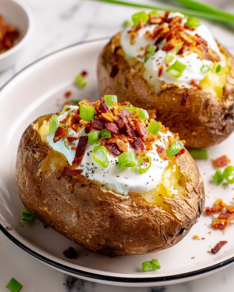 Two baked potatoes with dark brown, crispy skin sit on a white plate with a thin black rim. Each potato is cut open and filled with a soft, yellow mashed potato layer, topped with a smooth white cream layer. On top of the cream, there is a sprinkle of small, reddish-brown bacon bits and bright green chopped green onions. The plate is placed on a white marbled surface, with some bacon bits and green onion pieces scattered around. photo taken with an iphone --ar 4:5 --v 7
