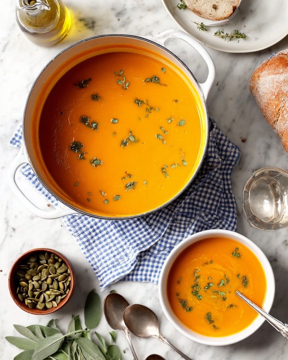 The image shows a large white pot filled with smooth, bright orange soup, topped with small green herb pieces scattered across the surface. Next to it, a white bowl contains the same soup with a silver spoon inside. The pot and bowl are placed on a white marbled surface with a blue and white checkered cloth partially visible underneath the pot. Nearby, there are two silver spoons, a small wooden bowl filled with green pumpkin seeds, some fresh sage leaves, a small bottle of oil, and part of a bread loaf on the side. photo taken with an iphone --ar 4:5 --v 7