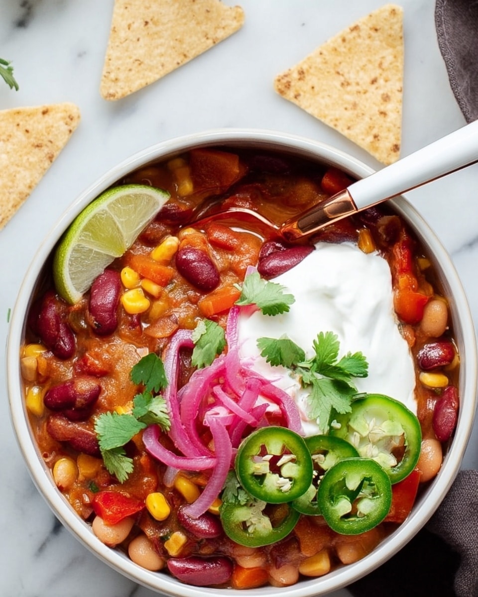A white bowl filled with a colorful bean stew containing red kidney beans, light brown beans, orange corn, red bell peppers, and green herbs, creating a thick and chunky texture. On top, there is a layer of smooth white sour cream with a curl of thinly sliced pink pickled onions, bright green sliced jalapeño peppers, a thin lime slice, and fresh cilantro leaves. The bowl is placed on a white marbled surface, with two crispy light tan triangular tortilla chips nearby and a spoon with a white handle and copper accent in the bowl. photo taken with an iphone --ar 4:5 --v 7