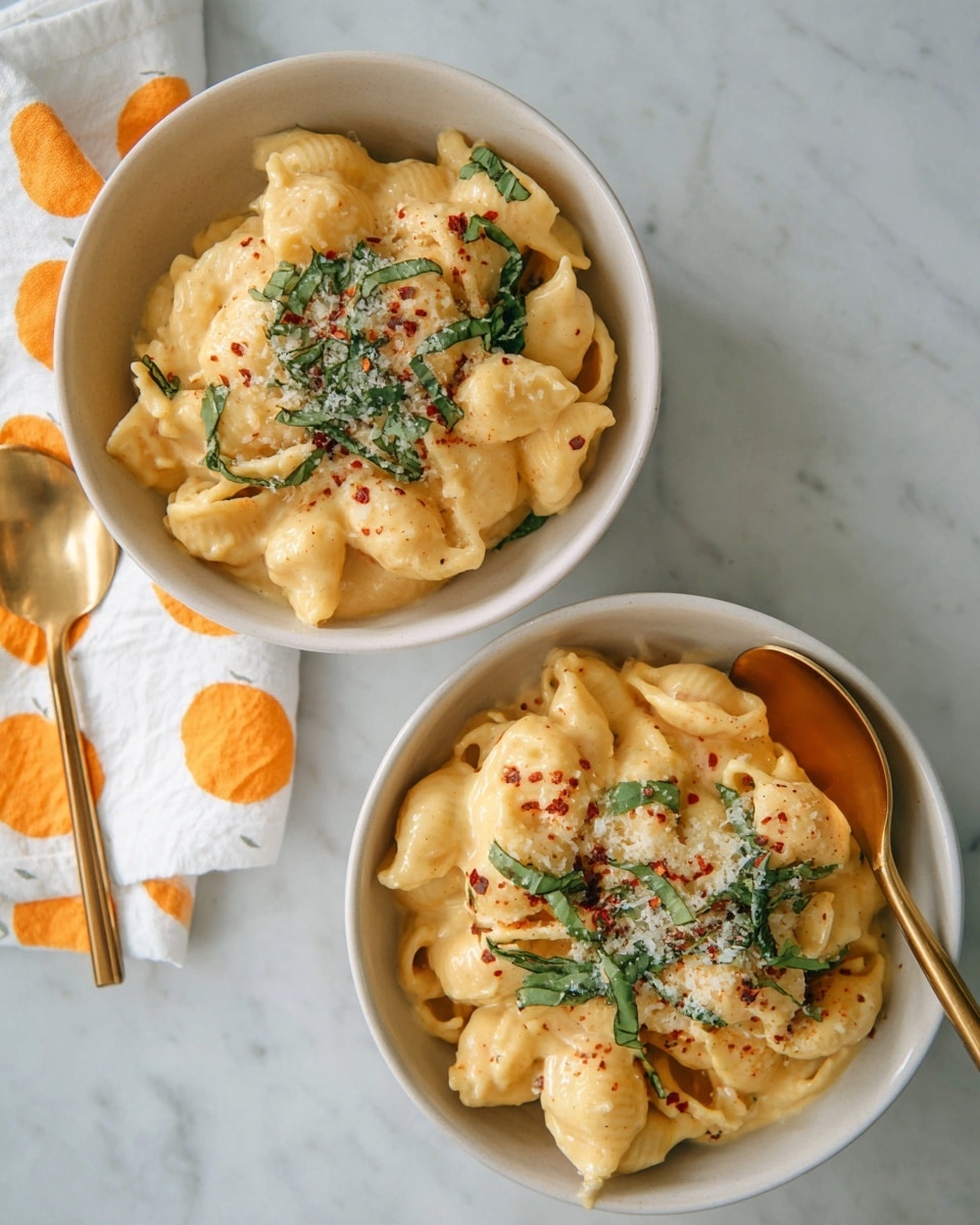 Two bowls of creamy mac and cheese pasta sit side by side on a white marbled surface. Each bowl is white and filled with soft, shell-shaped pasta covered in a thick, smooth, pale yellow cheese sauce. The pasta is topped with a light sprinkle of grated cheese, bright green chopped basil, and a dash of red chili flakes for color. A golden spoon rests inside the top bowl, and both bowls sit partially on a white cloth with an orange fruit pattern. A golden spoon lies beside the bowls on the white marble surface. photo taken with an iphone --ar 4:5 --v 7