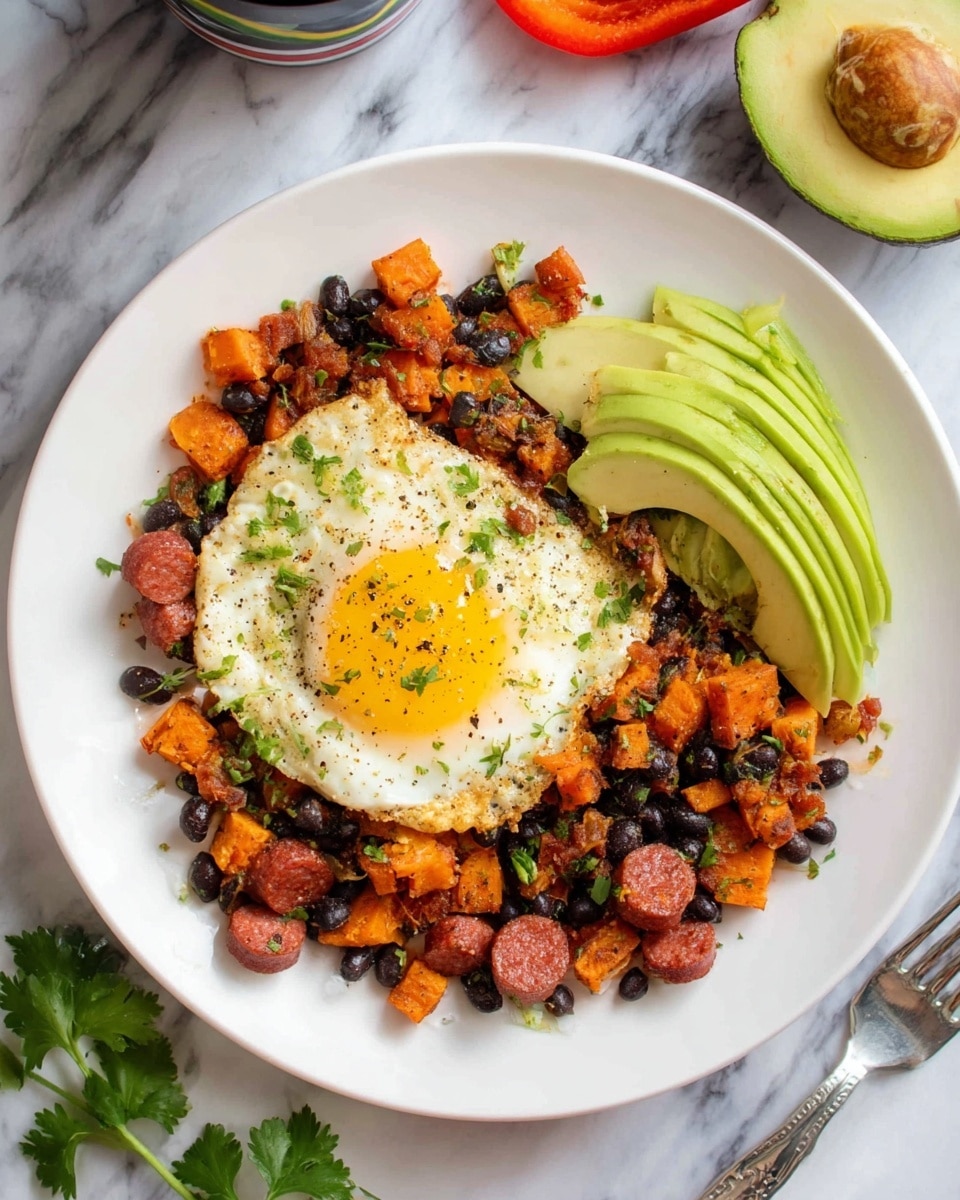 A white round plate holds a breakfast dish with four layers visible. The bottom layer is a mix of small, orange diced sweet potatoes and black beans scattered evenly. Next, slices of reddish sausage pieces are mixed throughout the potatoes and beans, adding a rich color contrast. On the right side of the plate, three light green avocado slices with a smooth texture are layered close together. In the bottom left center, a fried egg sits with a bright yellow yolk surrounded by a white cooked egg white, sprinkled lightly with black pepper. Small green parsley flakes are scattered lightly on top of the sausage, avocado, and egg, adding a fresh touch. The plate is placed on a white marbled surface with a metal fork next to it on the right side and whole peppers and half an avocado nearby. Photo taken with an iphone --ar 4:5 --v 7