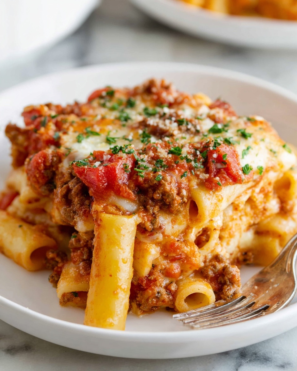 A white plate holds a serving of baked ziti made of three visible layers: at the bottom, a mix of ziti pasta coated with rich red tomato sauce and browned ground meat; in the middle, chunks of white ricotta cheese mixed with the pasta; and on top, a thick layer of melted white mozzarella cheese with a lightly browned surface, garnished with small green herb pieces. In the background, a white baking dish filled with more baked ziti is blurred on a white marbled surface, alongside a red tomato and some green leaves. The photo taken with an iphone --ar 4:5 --v 7