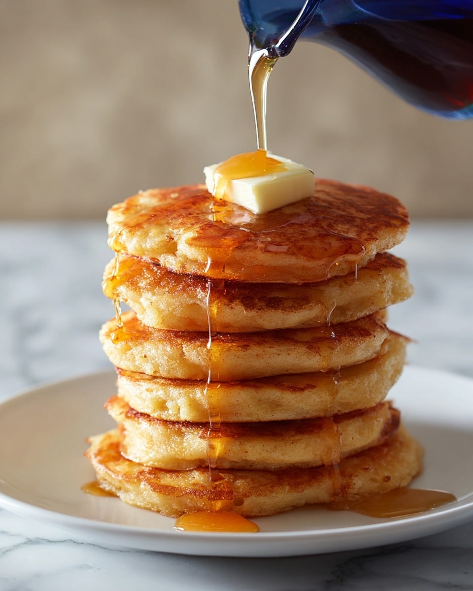 A stack of seven thick, golden brown pancakes sits in the middle of a white plate. Each pancake looks fluffy with a slightly rough texture and some small darker spots. On top of the stack is a small pat of melting butter with syrup dripping down the sides of the pancakes. The plate is placed on a wooden table with layered cloth napkins, one with red and white checkers and another with a blue and white pattern, folded in front of it. In the background, there is a blue translucent glass placed on a white marbled surface. Photo taken with an iphone --ar 4:5 --v 7