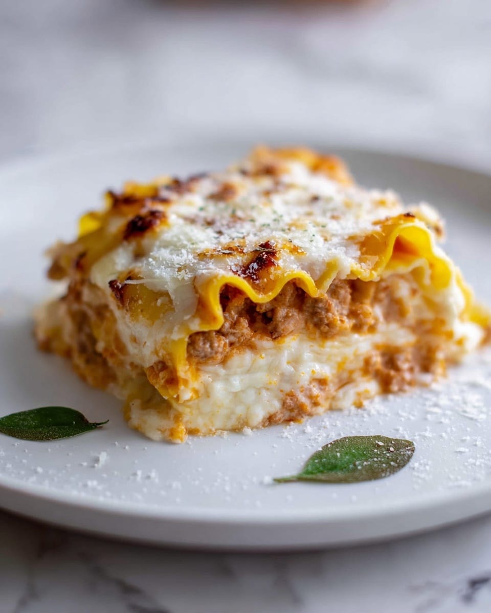 A piece of lasagna sits in the center of a white plate on a white marbled surface. The lasagna has three visible layers: the bottom layer is a light creamy cheese, the middle layer is a soft orange sauce mixed with small chunks of meat, and the top layer is a white, melted cheese with small browned spots and a bit of grated cheese sprinkled over it. The edges of the pasta sheets are ruffled and yellow, curling slightly around the layers. Two small green leaves rest on the plate near the lasagna. photo taken with an iphone --ar 4:5 --v 7