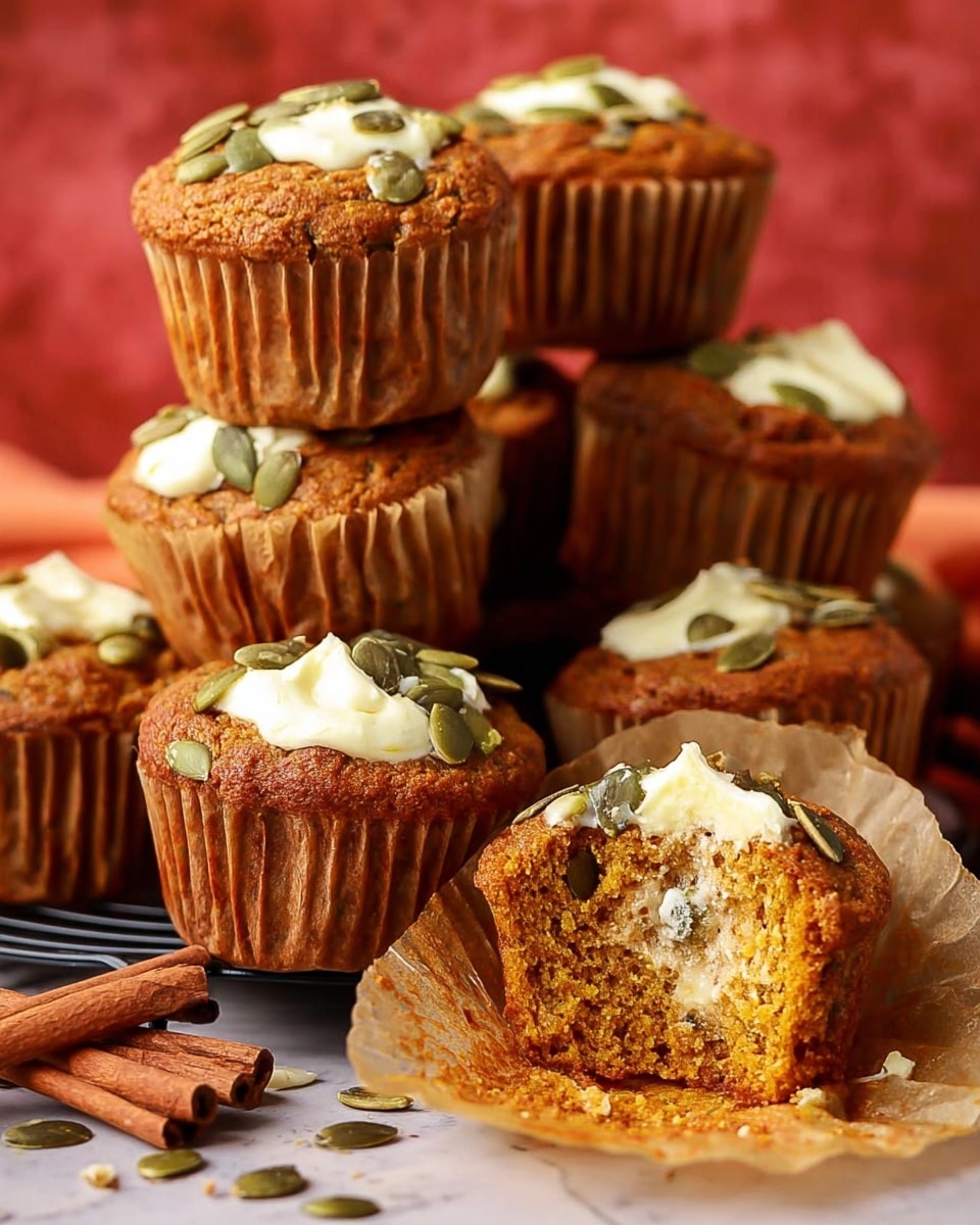 The image shows a stack of moist orange-brown muffins with creamy white dollops on top, scattered with green pumpkin seeds. One muffin is broken open in the front, revealing its soft, spongy inside with a creamy center. The muffins are arranged on parchment paper, alongside some cinnamon sticks and pumpkin seeds. The background has a warm red tone, and the muffins sit on a black wire rack placed on a white marbled surface. Photo taken with an iphone --ar 4:5 --v 7