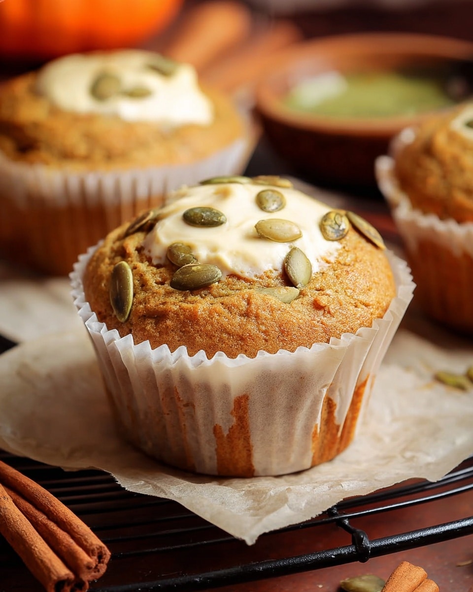 A close-up view of a muffin with a light brown, slightly cracked top sprinkled with pumpkin seeds, sitting on a white paper liner that is slightly open around the base; in the center of the muffin top, there is a creamy pale layer, which looks smooth and soft. Behind this muffin, two more similar muffins are visible, slightly out of focus. The muffins rest on a black cooling rack with parchment paper underneath. The background has a warm tone with blurred cinnamon sticks and a small bowl with a green sauce or garnish partially visible. Photo taken with an iphone --ar 4:5 --v 7