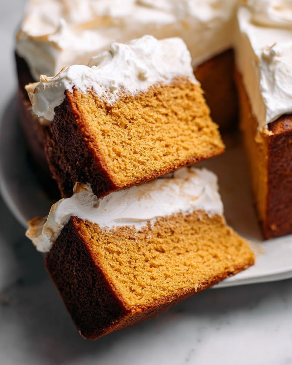 This close-up image shows two thick slices of golden brown cake with a dense, smooth texture and a darker brown crust at the bottom and edges. Between the slices and partly covering them is a thick layer of creamy white frosting, soft and fluffy in appearance. The cake and frosting rest on a white plate, set against a white marbled surface that slightly reflects light. The layering highlights the contrast between the golden cake and the white frosting, giving a rich and inviting look. Photo taken with an iphone --ar 4:5 --v 7