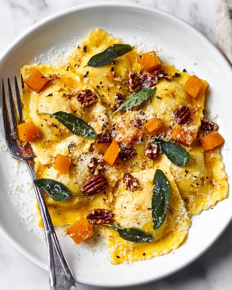 The image shows a white plate filled with about eight golden yellow ravioli pieces arranged overlapping each other. On top of and around the ravioli, there are small chunks of bright orange squash, scattered pieces of brown pecans, and a few deep green sage leaves. A light dusting of grated cheese and cracked black pepper covers the entire dish, adding texture. A silver fork lies on the left edge of the plate, resting partly on the ravioli. The plate sits on a white marbled surface. photo taken with an iphone --ar 4:5 --v 7