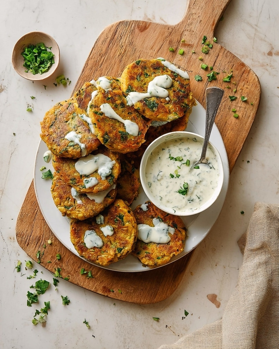 There is a white round plate on a wooden cutting board with seven round, golden-brown patties stacked in a slight pile, each patty showing a textured surface with green herbs mixed in. White sauce is drizzled over the patties in uneven drops and streaks. On the right side of the plate, there is a small white bowl filled with a creamy white sauce that has green bits in it, with a small silver spoon resting inside. Around the plate and board, small chopped green herbs are scattered on a white marbled surface, and a beige cloth is partially visible in the bottom right corner. Photo taken with an iphone --ar 4:5 --v 7