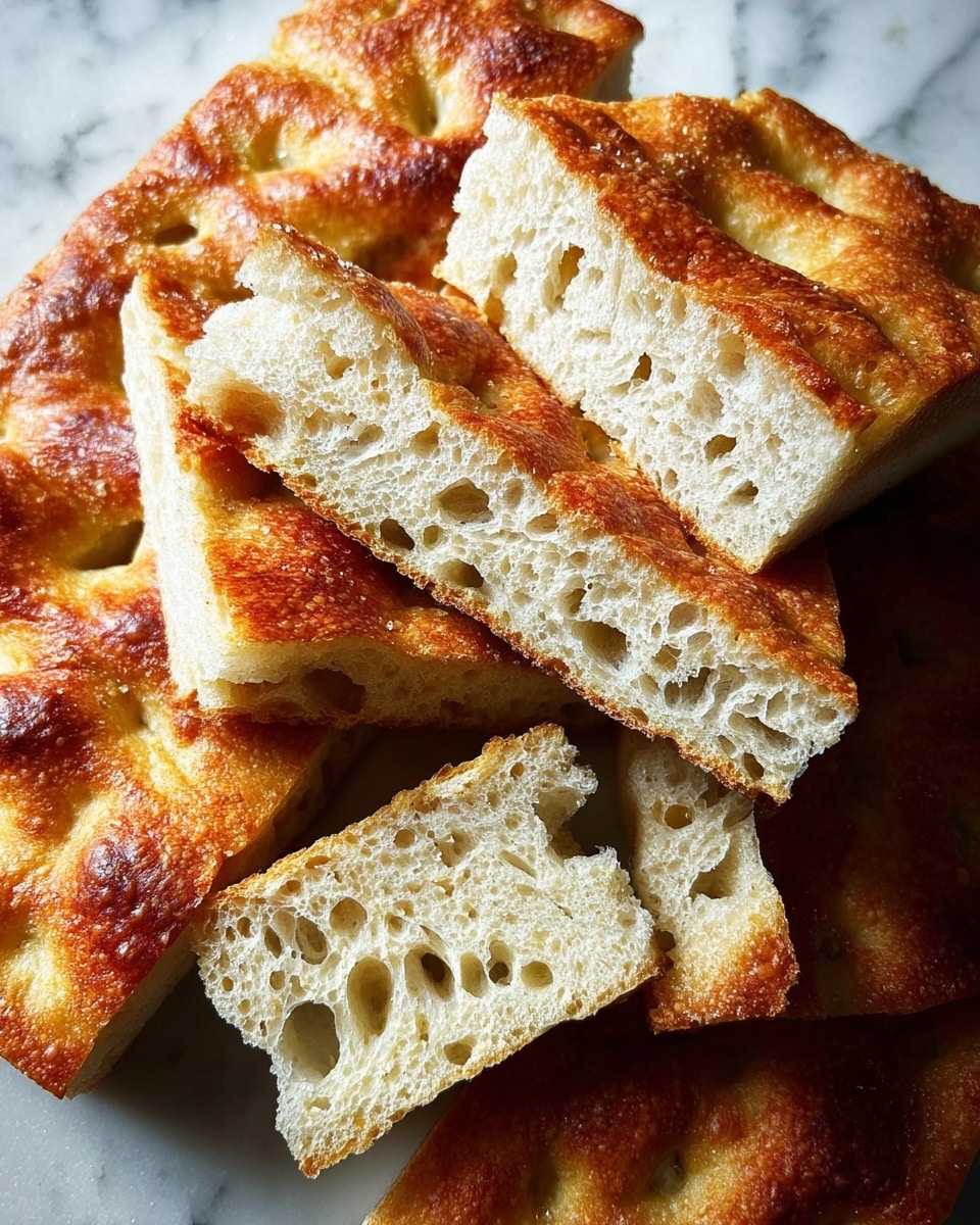 The image shows several pieces of focaccia bread arranged closely together on a white marbled surface. The bread has a golden brown crust with a slightly shiny texture and visible dimples on top. The interior of the bread is light beige with many large air holes, making it look soft and airy. The slices are thick and irregular in shape, some rectangular and some square. The crust is visibly crisp and contrasts with the soft, open crumb inside. Photo taken with an iphone --ar 4:5 --v 7