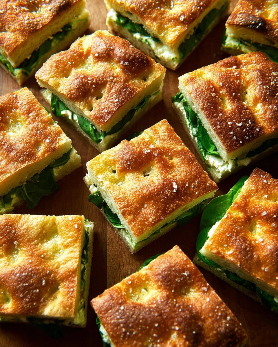 The image shows several square pieces of focaccia bread sandwiches arranged closely together on a wooden surface. Each sandwich has two thick, golden brown focaccia layers with a textured, slightly bubbly crust on top, sprinkled lightly with coarse salt. Between the focaccia layers is a visible filling of bright green spinach leaves and creamy white cheese, providing a fresh contrast to the warm bread. The sandwiches are cut into rough squares of uniform size, and the lighting highlights the crisp top texture and the vibrant greens inside. photo taken with an iphone --ar 4:5 --v 7
