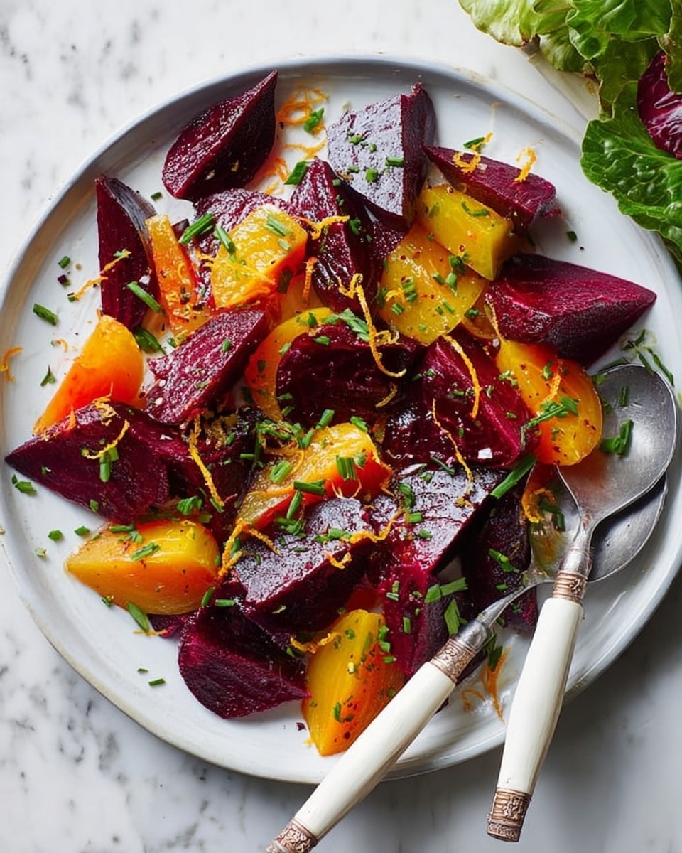 The image shows a white oval plate filled with chunks of roasted beets in deep red and golden yellow colors, mixed together in an uneven, natural arrangement. The beet pieces are glossy and appear tender, with visible texture on the cut surfaces. Small sprigs of fresh green thyme are placed on top, adding a touch of brightness and freshness. The plate sits on a white marbled surface with a few scattered thyme leaves nearby, and salt and pepper shakers are visible in the upper left corner. A vintage silver spoon is placed to the right of the plate, and a woman's hand is partially visible at the bottom left holding a white cloth. photo taken with an iphone --ar 4:5 --v 7