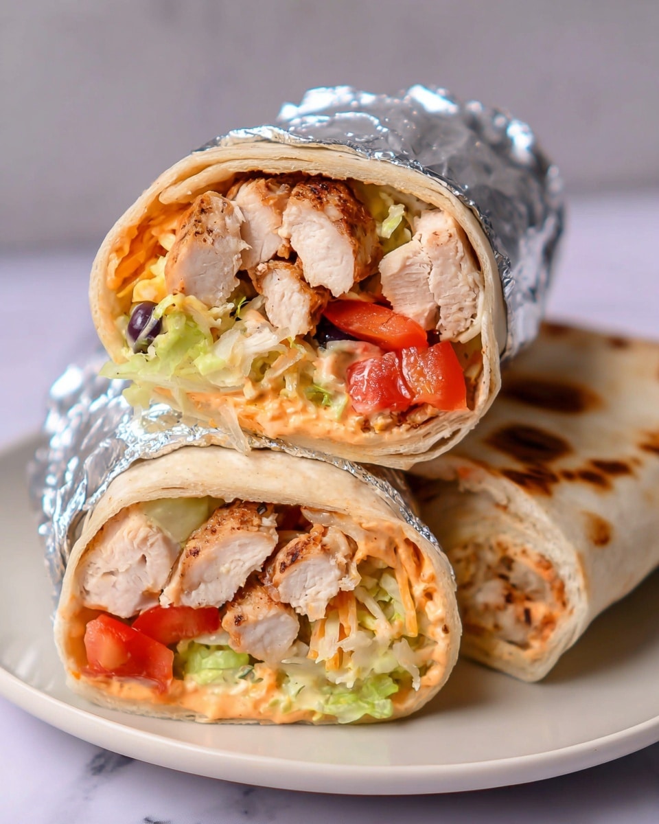 The image shows two halves of a wrap stacked on top of each other on a white plate with a white marbled background. The wrap is partially covered in shiny silver foil, revealing layers inside. The outer layer is a soft, light beige tortilla. Inside, there are thick slices of light brown cooked chicken, bright red tomato chunks, shredded pale green lettuce, small pieces of black olives, creamy orange sauce, and bits of shredded cheese with an orange tint. Next to the stacked wrap halves, there is a whole wrap with a darker toasted spot on its beige tortilla surface. Photo taken with an iphone --ar 4:5 --v 7