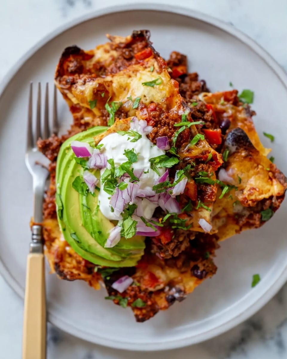 A white plate holds a layered taco dish starting with a base of crispy, toasted tortilla chips that are golden-brown with some darker burnt edges. On top, there is seasoned ground meat mixed with small pieces of red bell pepper and black beans, providing a rich reddish-brown color. Melted cheese with a lightly browned texture covers parts of the meat. Half a sliced avocado fan is placed on one side, topped with a dollop of white sour cream. Small chopped red onions and fresh green chopped cilantro leaves are scattered over the dish. A fork with a light handle rests beside the food on a white marbled surface. Photo taken with an iphone --ar 4:5 --v 7