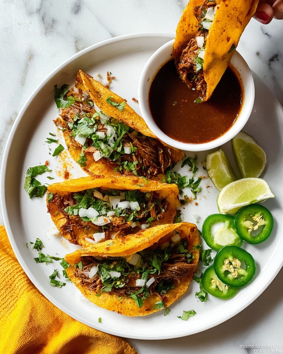 The image shows a white plate with four small folded tacos placed in a row, each taco filled with shredded meat and sprinkled with chopped white onions and fresh green cilantro. The tacos have a golden-brown, slightly crispy texture. At the top center of the plate, a woman's hand is dipping one taco into a small white bowl filled with dark reddish-brown sauce. On the lower right side of the plate are lime wedges arranged in a small pile, and on the lower left side are a few slices of fresh green jalapeño peppers. The plate is placed on a white marbled surface with a yellow cloth partially visible at the bottom left corner. Photo taken with an iphone --ar 4:5 --v 7