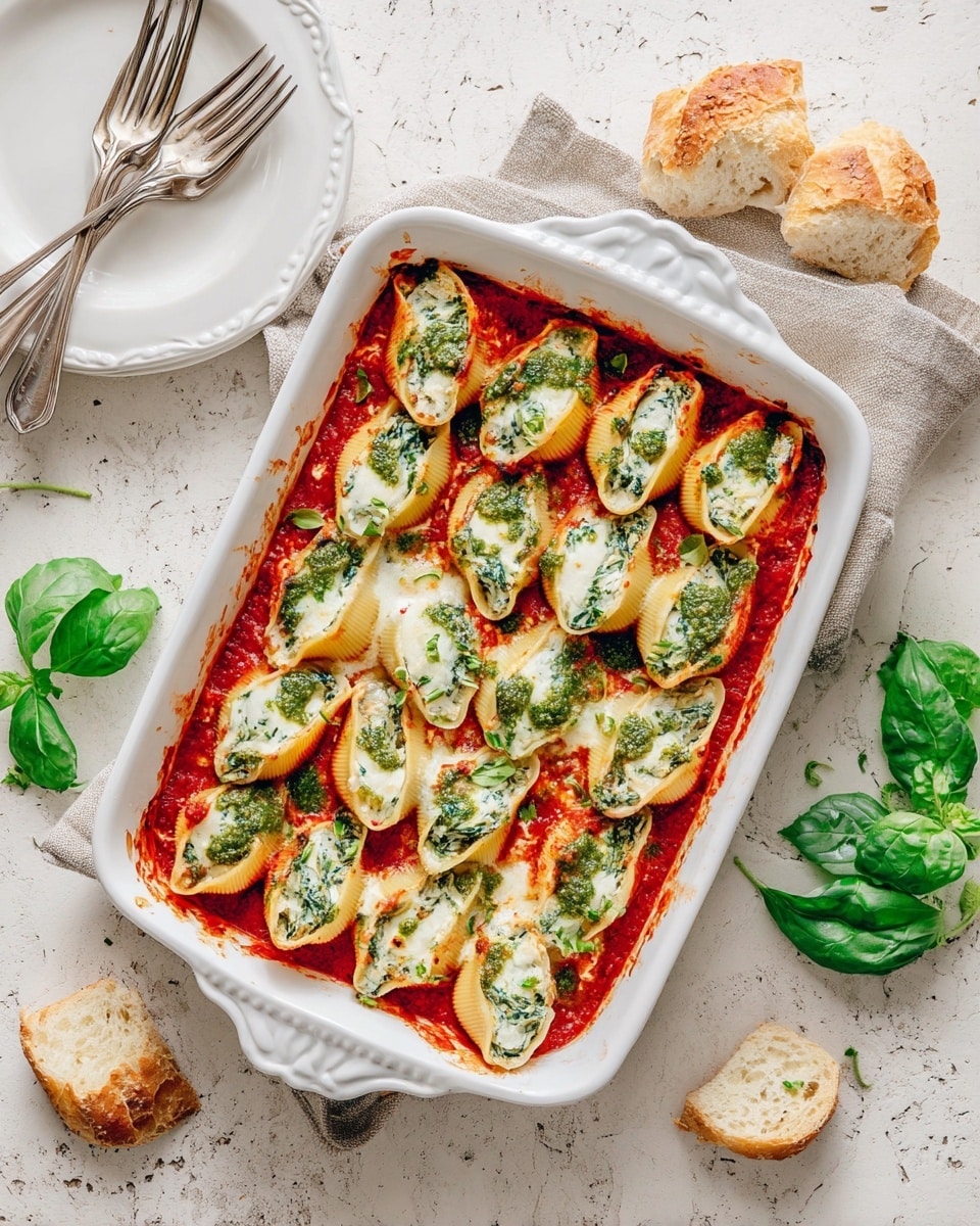 A white ceramic baking dish holds a layered baked pasta dish with twelve stuffed pasta shells arranged neatly in three rows. Each shell has a creamy white and green spinach filling, topped with melted white cheese and green pesto sauce, all resting on a bright red tomato sauce that covers the dish base. Fresh green basil leaves are scattered on top, adding a bright color contrast. Surrounding the dish are torn pieces of golden brown crusty bread, three vintage silver forks, a stack of white plates with a scalloped edge, and extra fresh basil leaves, all set on a white marbled textured surface. photo taken with an iphone --ar 4:5 --v 7