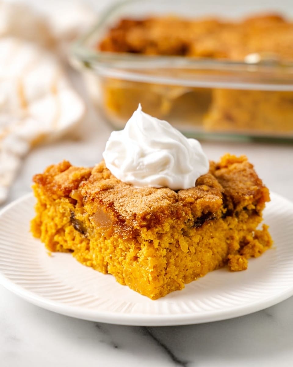 A thick, square piece of golden brown casserole is lifted on a silver spatula over a clear glass baking dish filled with more of the casserole. The casserole's top layer is crumbly and browned, with a rough texture, while the inside looks soft and moist with a bright orange-yellow color. The dish sits on a white marbled surface with a blurry white background, and a small white bowl with orange contents is visible in the background. photo taken with an iphone --ar 4:5 --v 7