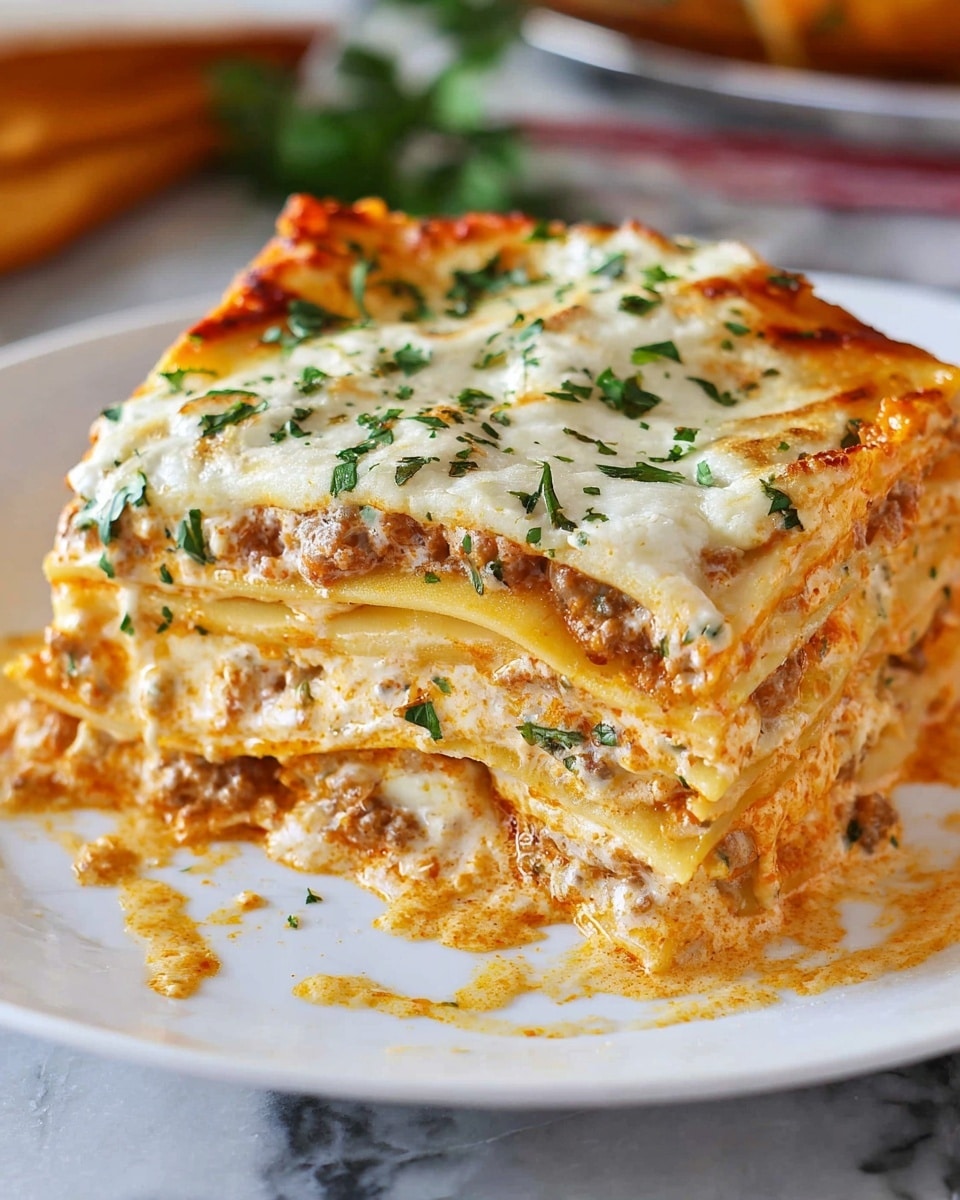 A close-up of a thick slice of lasagna on a white plate, showing four visible layers of pasta sheets separated by creamy orange and white cheese mixtures with bits of browned meat. The top layer is covered with melted, slightly browned cheese sprinkled with small green parsley pieces. The edges of the lasagna look soft and slightly creamy, and some sauce has spilled on the plate. The plate sits on a white marbled surface with a blurred background. photo taken with an iphone --ar 4:5 --v 7