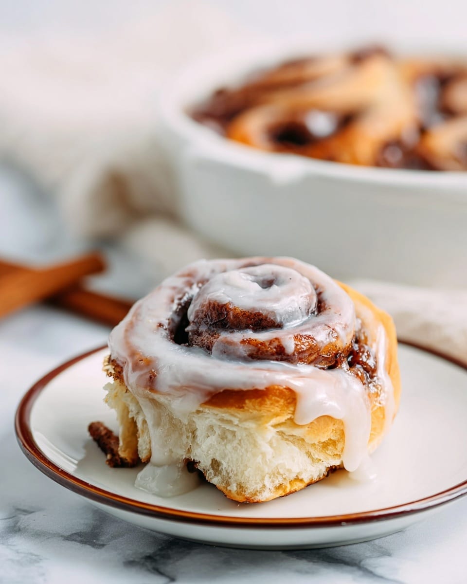 A single cinnamon roll sits on a white plate with a thin brown rim on top of a white marbled surface. The cinnamon roll has three clear layers: the bottom soft dough layer is light golden yellow and porous, the middle layer is dark brown cinnamon filling swirled tightly with a sticky texture, and the top layer is white icing drizzled unevenly and slightly melting over the spiral edges. In the softly blurred background, parts of cinnamon sticks and a white bowl with more cinnamon rolls can be seen. The scene is bright and warm, showing the sticky and soft textures of the roll closely. photo taken with an iphone --ar 4:5 --v 7