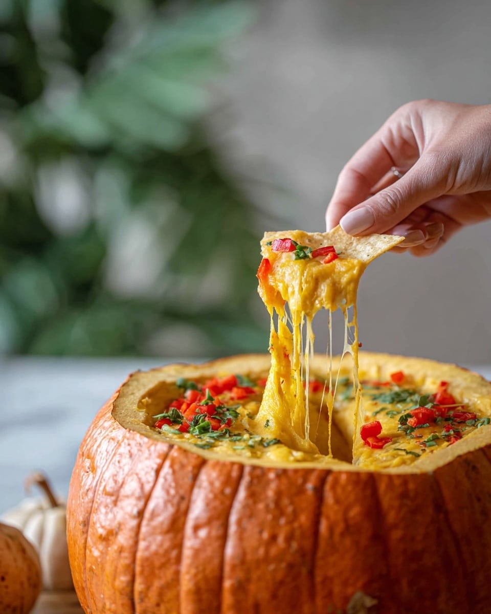A large hollowed-out pumpkin serves as a bowl filled with melted yellow cheese mixed with chopped red bell peppers and green herbs on top. A woman's hand holds a triangular chip lifting up a string of thick, hot, melted cheese with pieces of red bell pepper clinging to it. The pumpkin shows its bright orange, smooth skin with vertical ridges. The background is softly blurred with green leafy shapes. The whole scene is set on a white marbled surface. photo taken with an iphone --ar 4:5 --v 7