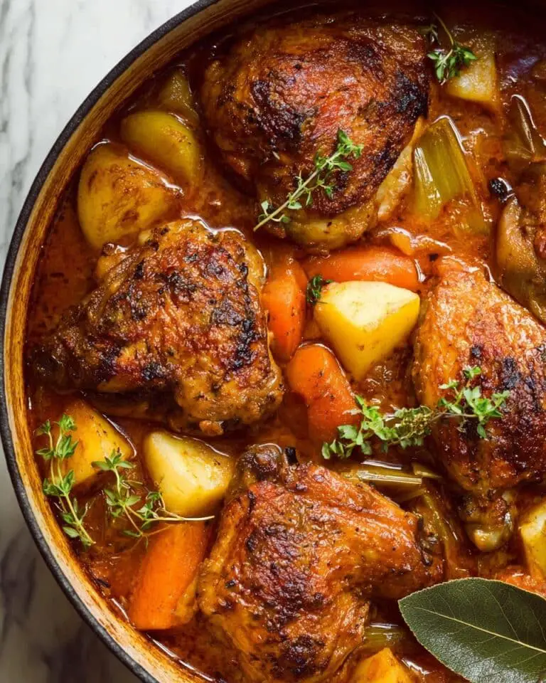 Hearty Baked Chicken Stew with Vegetables and Crispy Skin Recipe