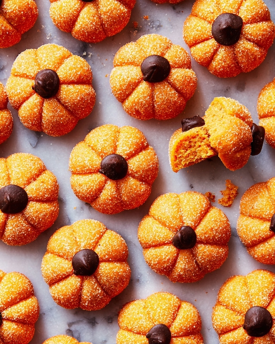 A small round pastry shaped like a pumpkin with eight thick ridges around it, coated in orange coarse sugar crystals giving it a sparkling, crunchy texture. On top at the center, there is a single dark brown chocolate drop that looks soft and smooth, resembling a pumpkin stem. The pastry sits on a white marbled surface with a soft light on a plain light gray background. photo taken with an iphone --ar 4:5 --v 7